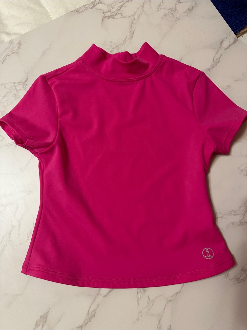 Lands End Hot Pink Girls Short Sleeve Mock Neck Swim Top